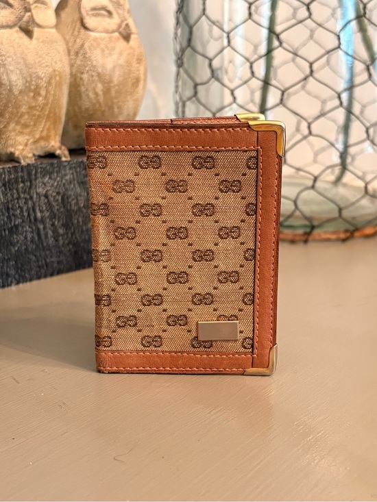 Gucci Other - Gucci Monogram Canvas Card Holder in Brown Leather Trim